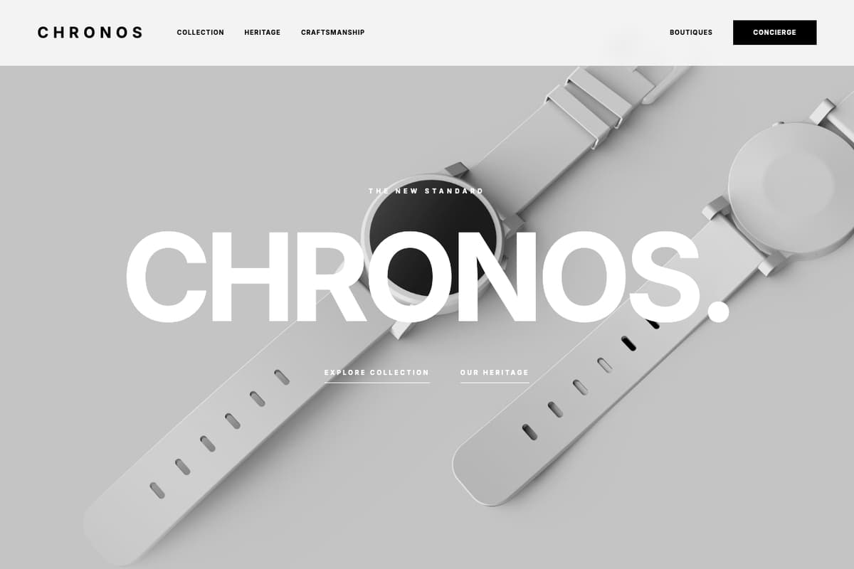 Precision Chrono website template showing landing-page, newsletter-signup, hero-image