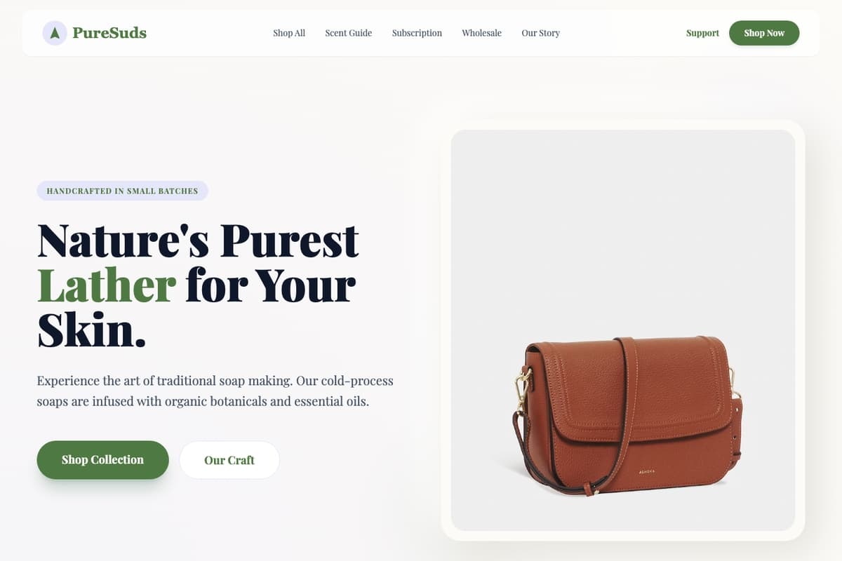 Puresuds Artisan website template showing ecommerce-cart, product-showcase, subscription
