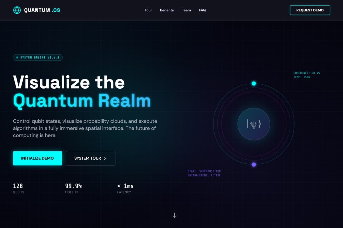 Quantum Computing website template showing dashboard, landing-page, faq-section