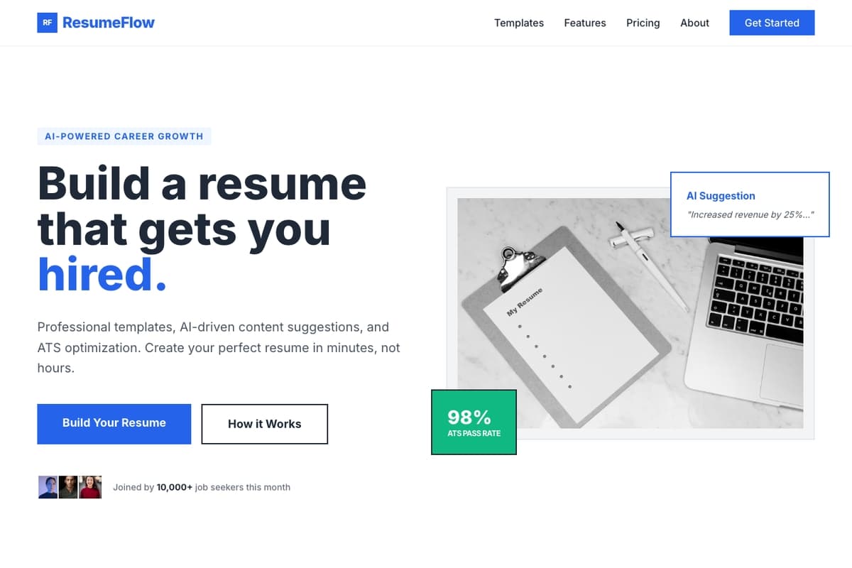 Resume Flow website template showing landing-page, testimonials, pricing-table