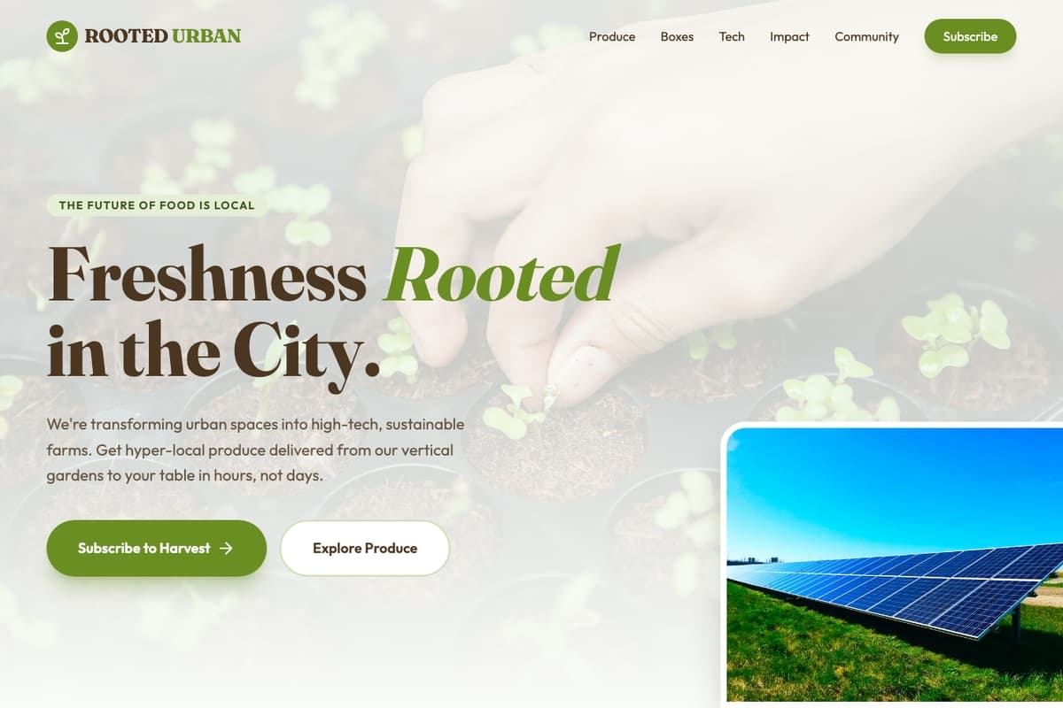 Rooted Urban website template showing landing-page, subscription, testimonials