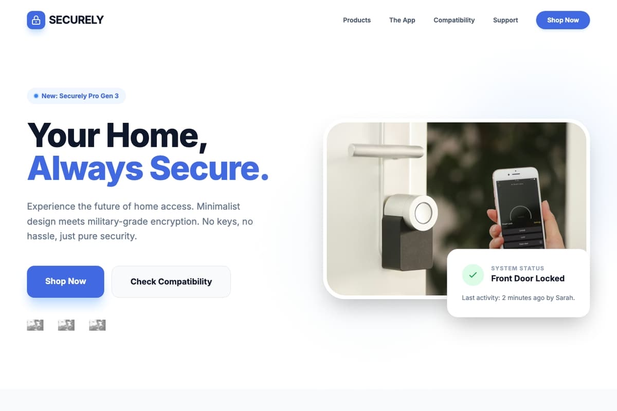 Securely Home website template showing landing-page, pricing-table, product-showcase
