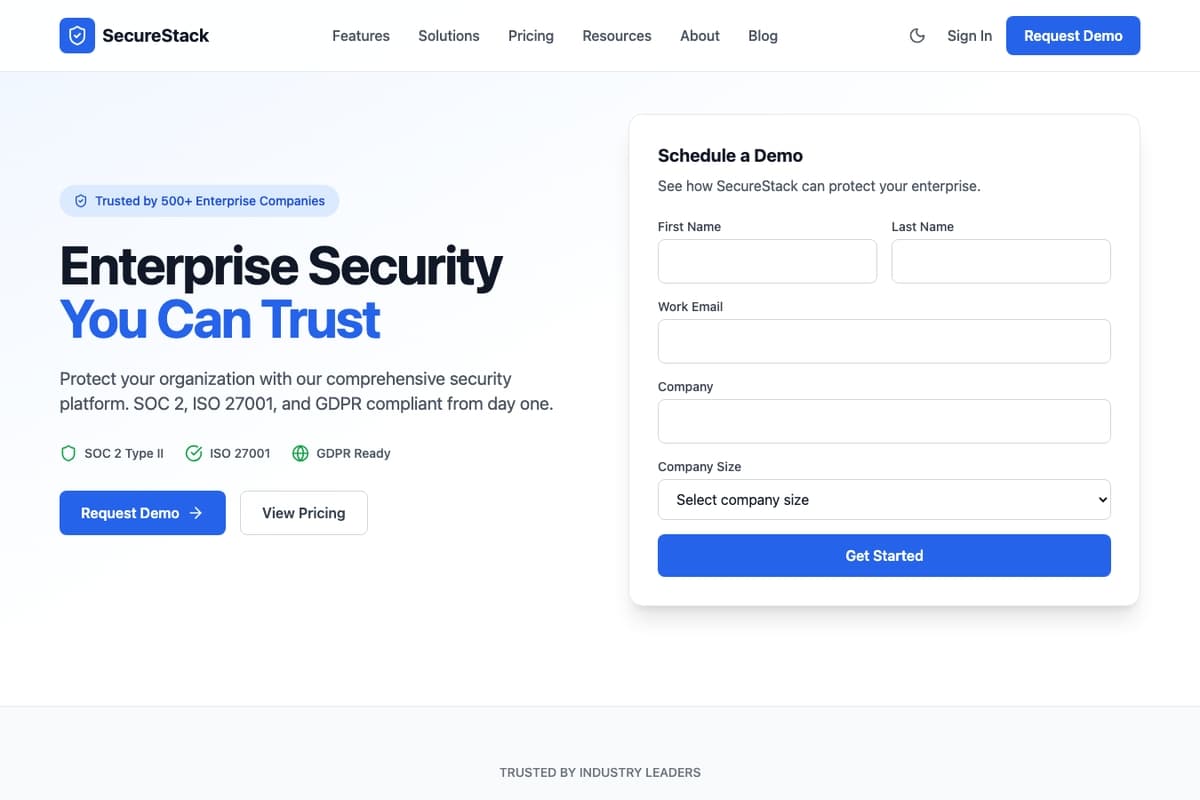 Securestack website template showing enterprise, security-focused, trust-badges