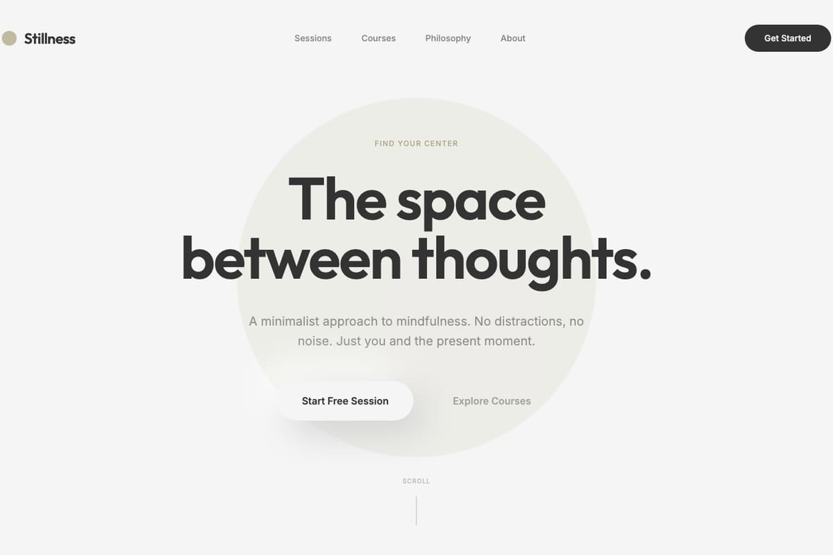 Stillness Flow website template showing one-page, landing-page, hero-image