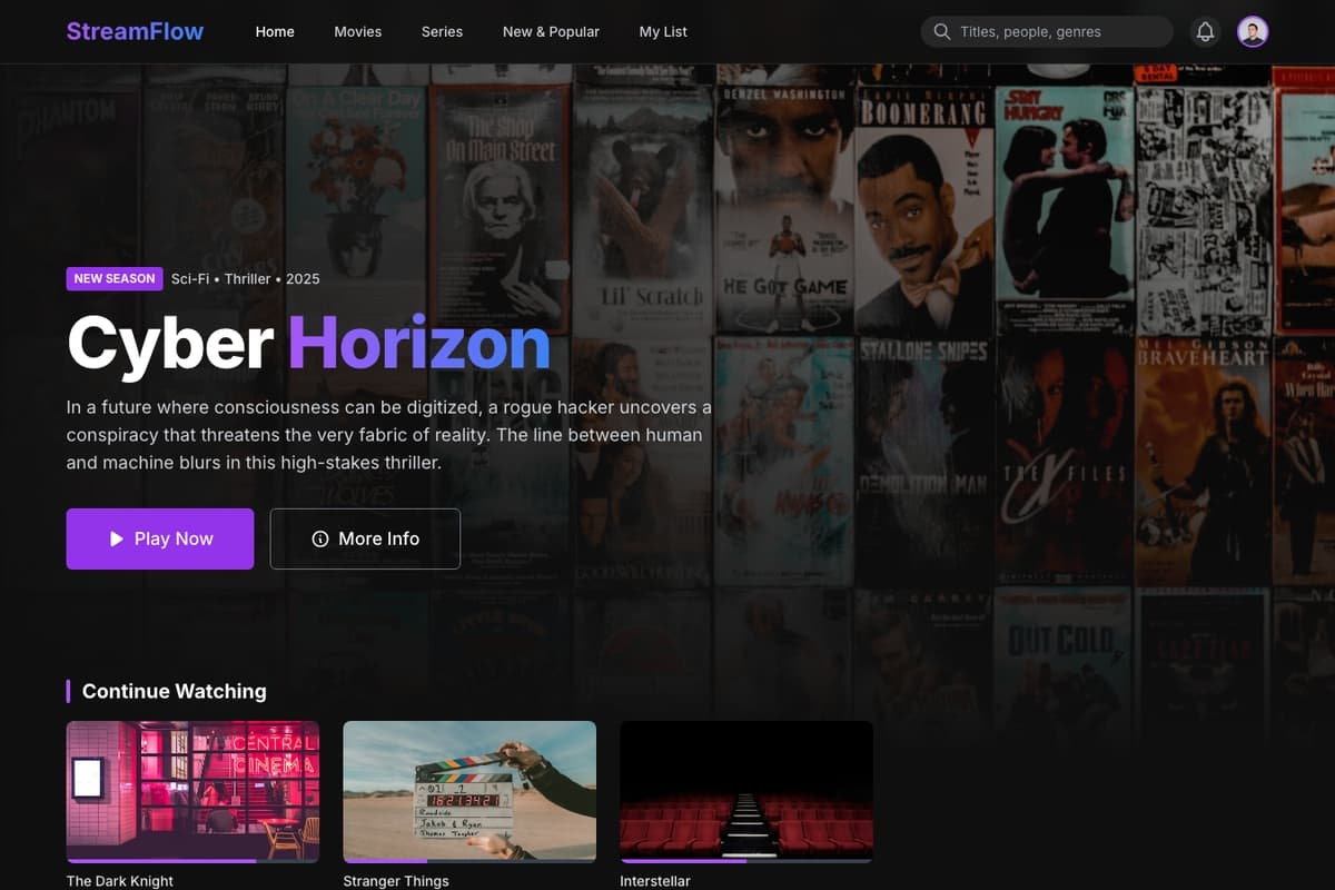 Streamflow website template showing multi-page, video-hero, catalog