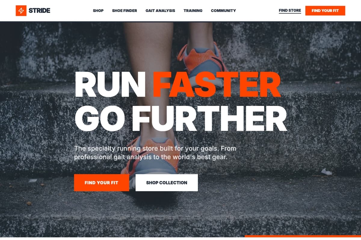 Stride Vibrant website template showing landing-page, booking-system, ecommerce-cart