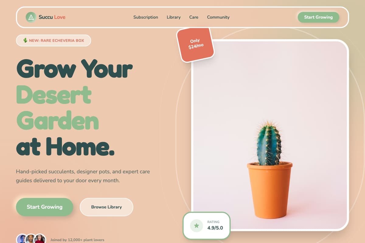 Succulove website template showing landing-page, subscription, pricing-table