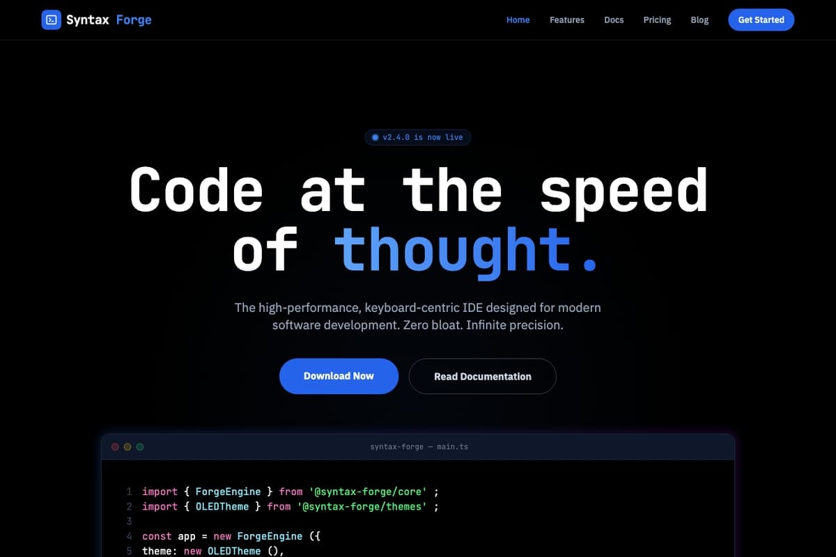 Syntax Forge website template showing multi-page, blog-section, faq-section