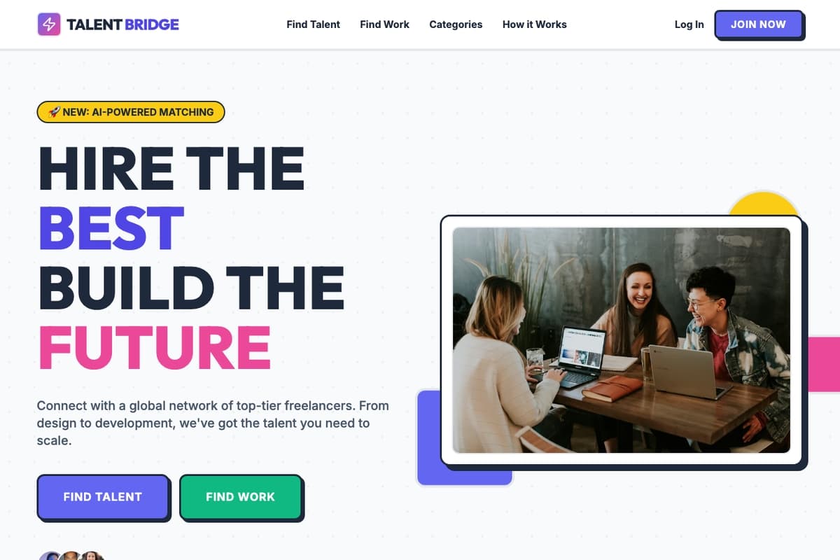 Talentbridge Vibe website template showing landing-page, directory, testimonials