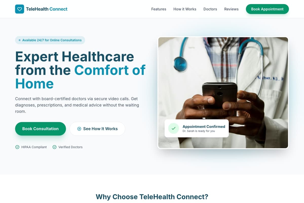 Telemedicine Platform website template showing landing-page, booking-system, team-section