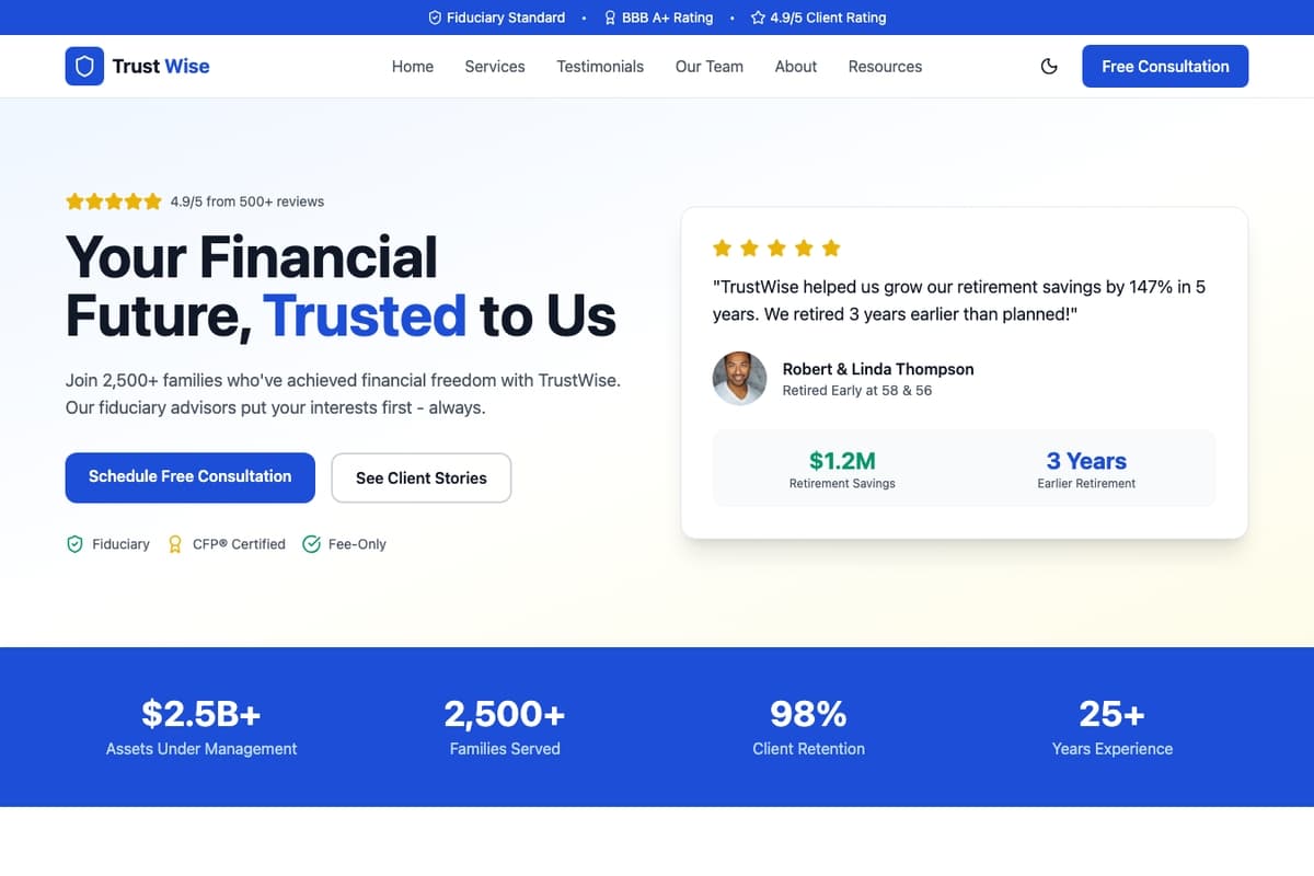 Testimonial Trust website template showing testimonials, social-proof, landing-page