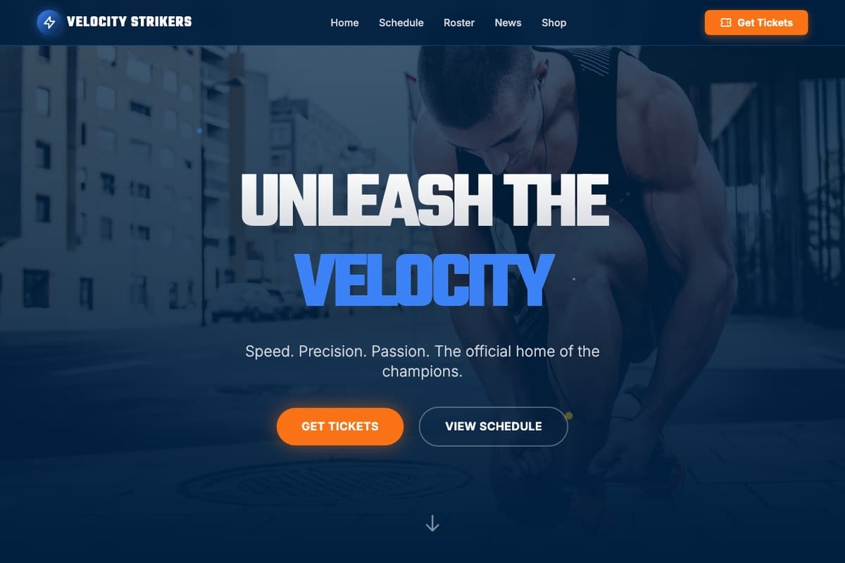 Velocity Strikers website template showing multi-page, team-section, blog-section