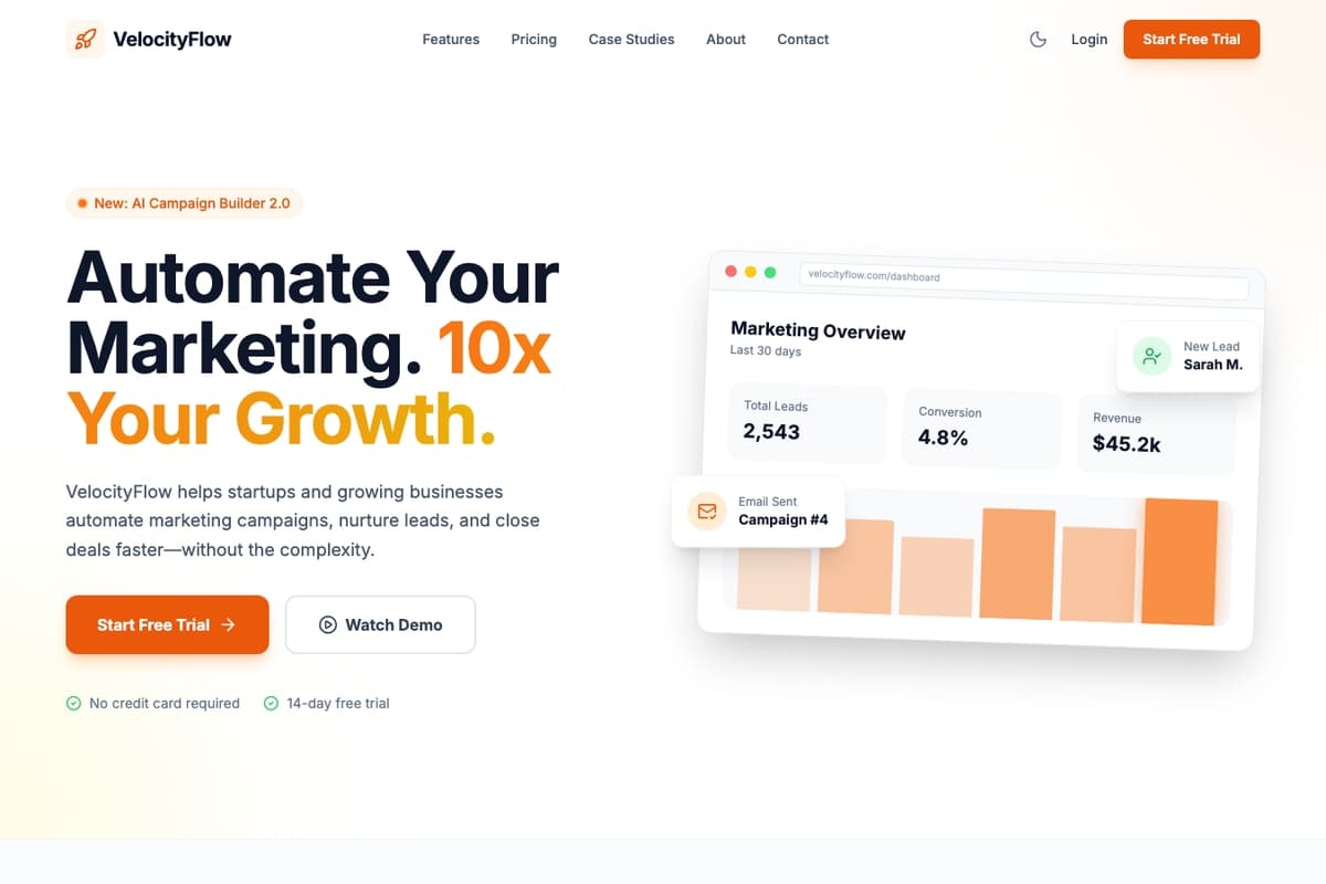 Velocityflow website template showing landing-page, pricing-table, testimonials