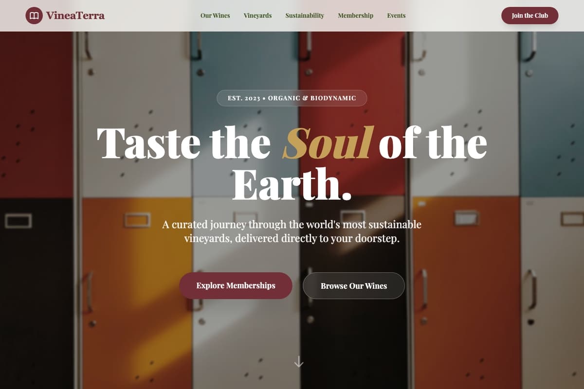 Vinea Terra website template showing landing-page, subscription, testimonials
