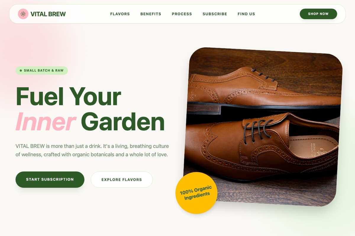 Vital Garden website template showing landing-page, subscription, product-showcase