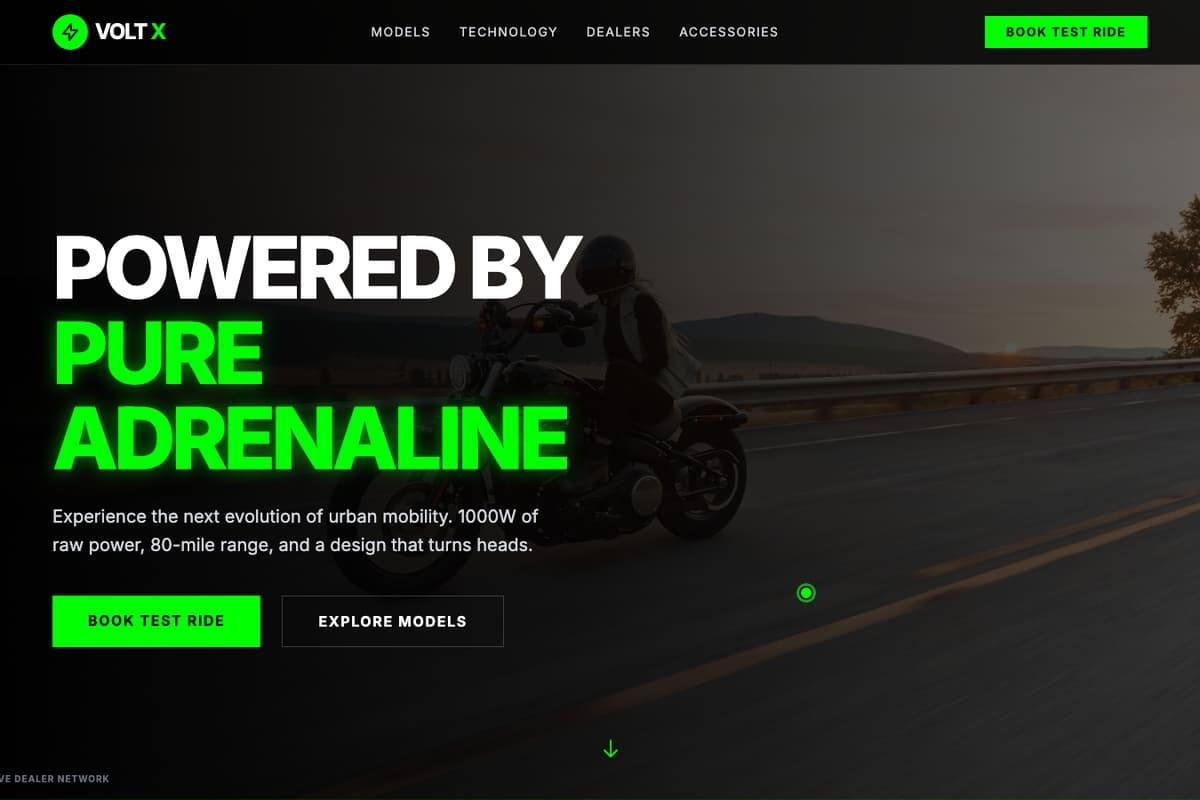 Voltx Thunder website template showing landing-page, product-catalog, booking-system