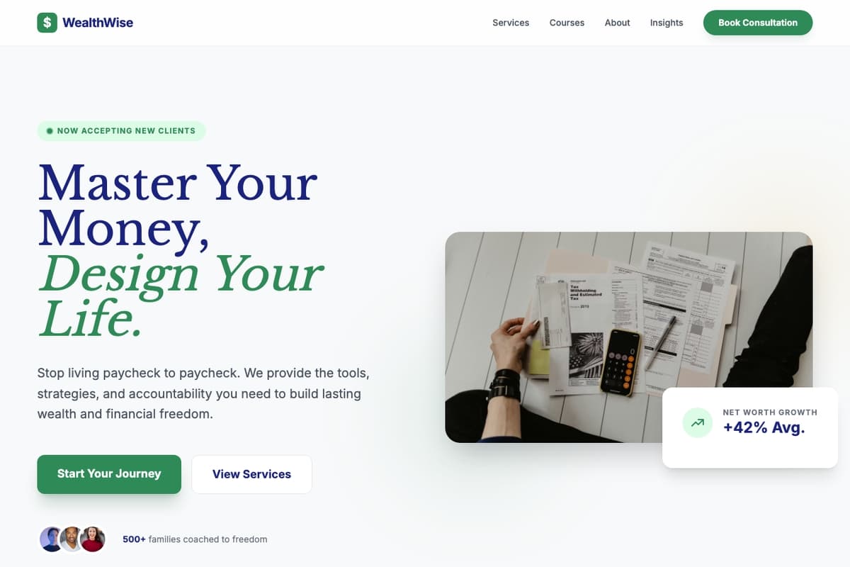 Wealthwise website template showing landing-page, contact-form, testimonials