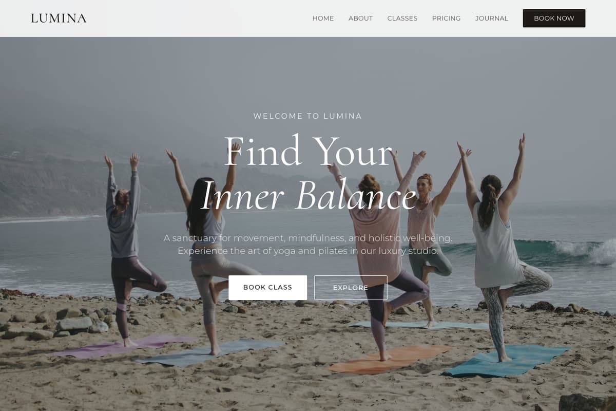Yoga Pilates website template showing booking-system, landing-page, hero-image