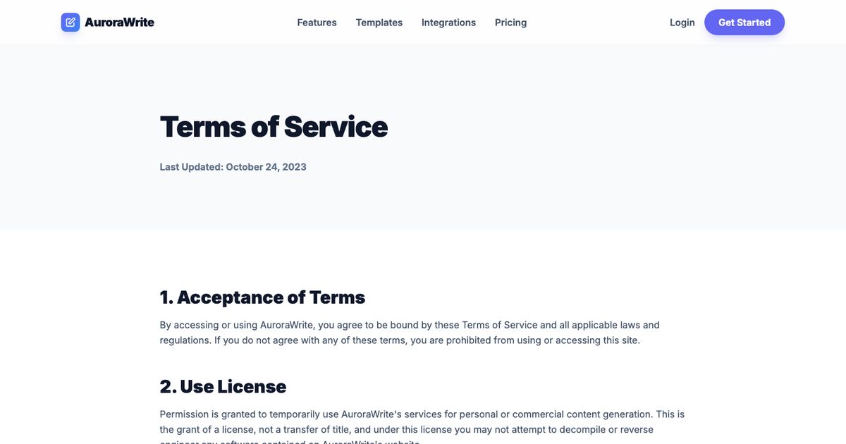 Aurorawrite Terms - Tailwind Template