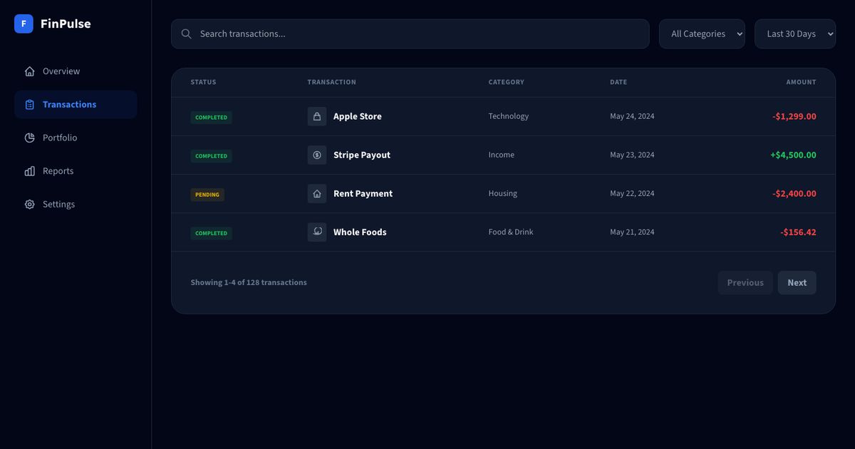 Fin Pulse Transactions - Tailwind Template