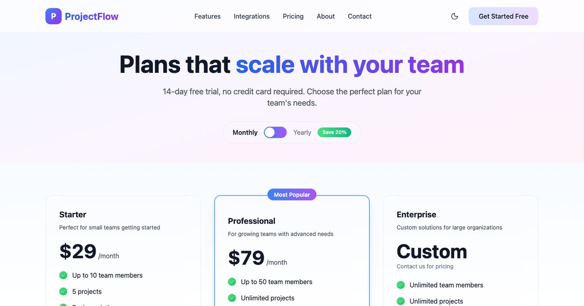 Projectflow Pricing - Tailwind Template