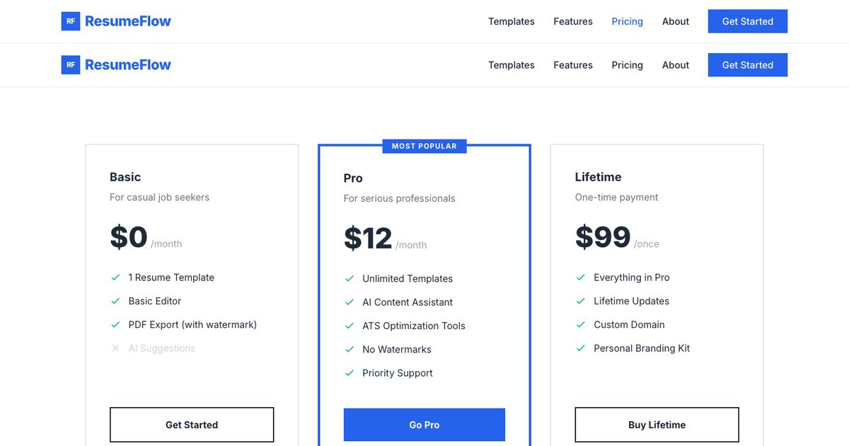 Resume Flow Pricing - Tailwind Template